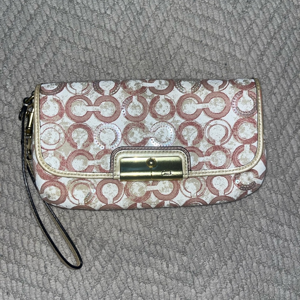 Coach Signature Pattern Wristlet in Pink and Cream